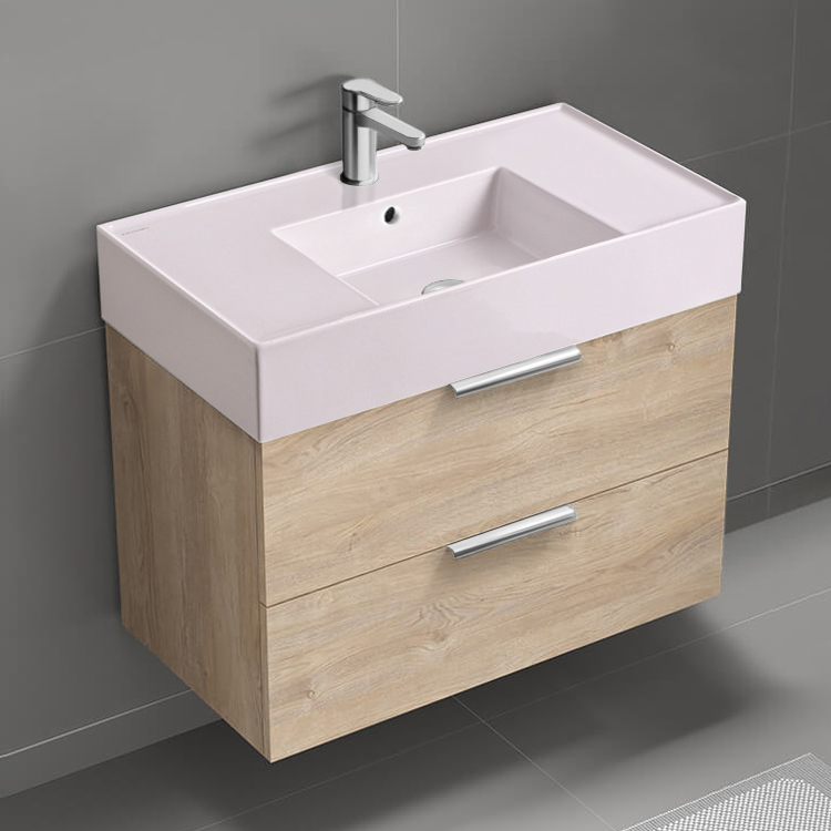 Nameeks DERIN298 Pink Sink Bathroom Vanity, Modern, Wall Mounted, Single, 32 Inch, Brown Oak